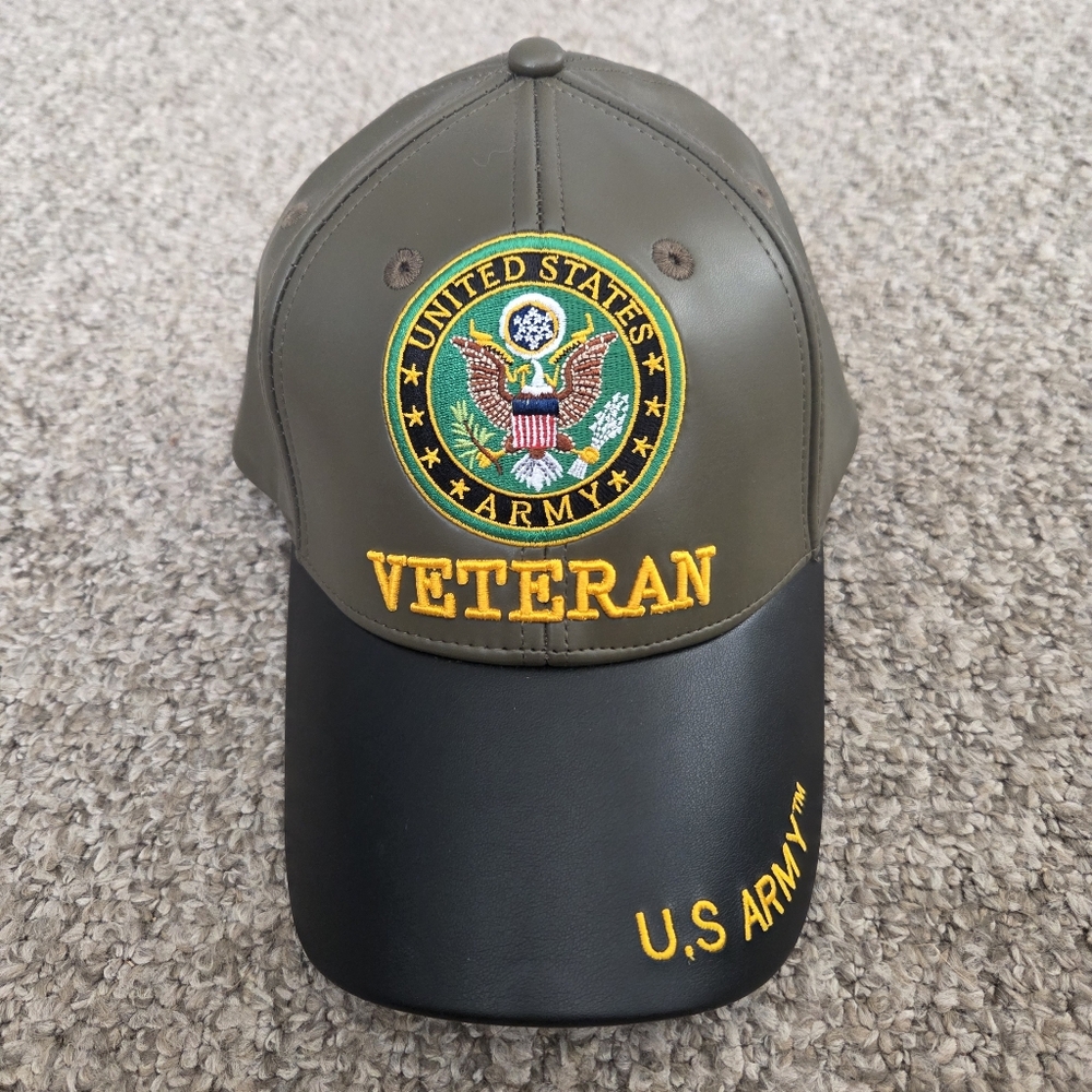 U.S. Army Veteran PU Leather Baseball Cap Adult Adjustable Army Green/Black